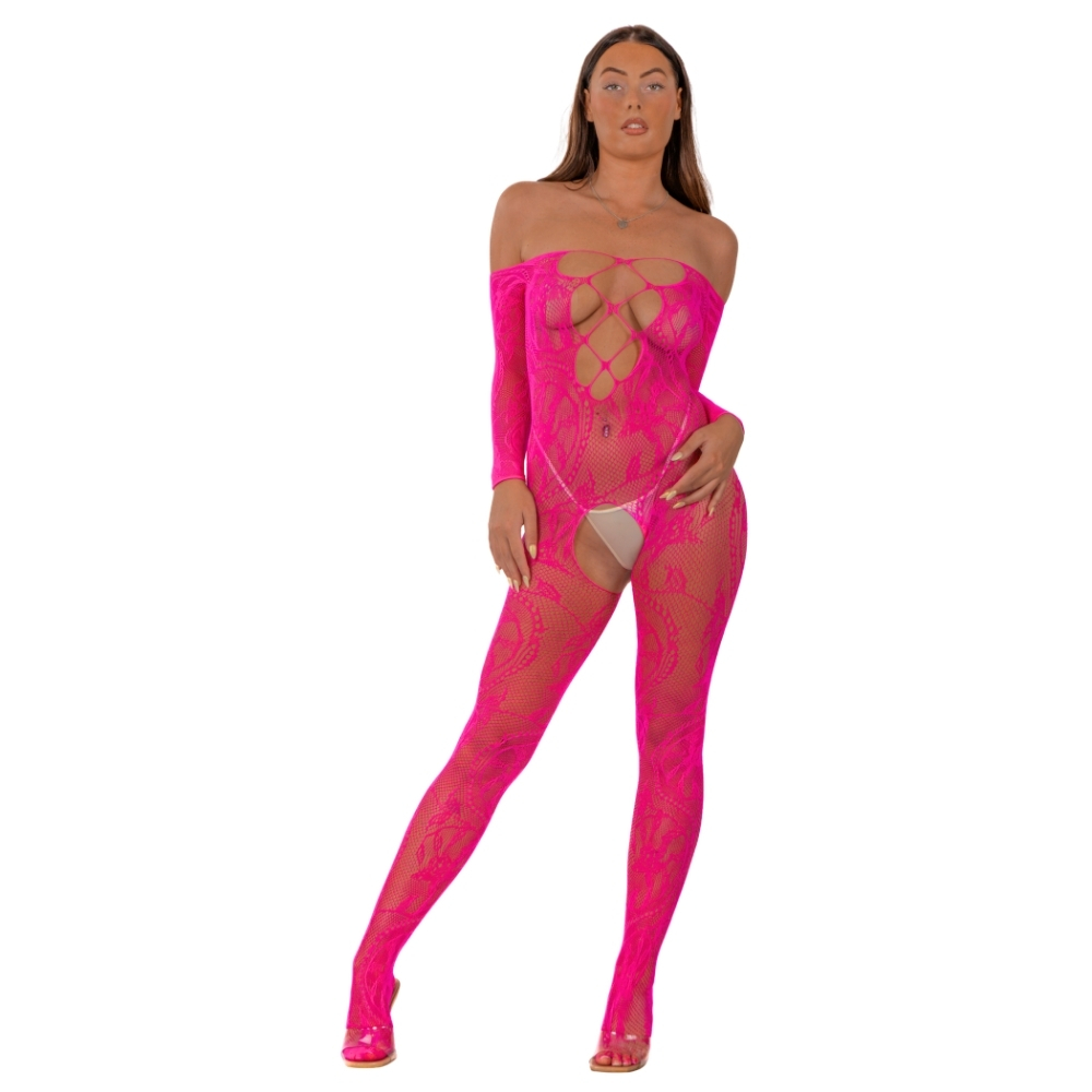 Lace by LJ Lace Up Front Crotchless Bodystocking Fuchsia - Image 3