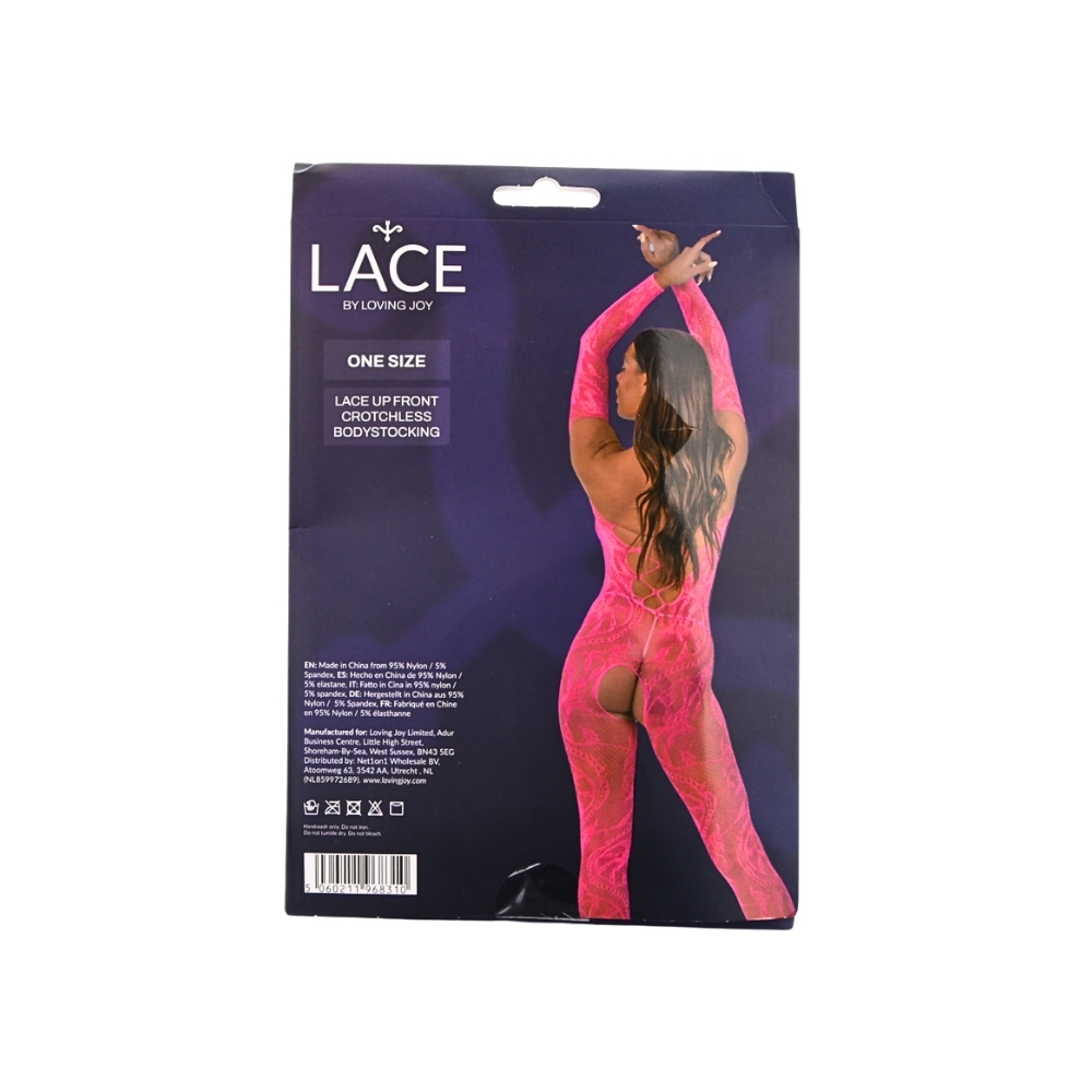 Lace by LJ Lace Up Front Crotchless Bodystocking Fuchsia - Image 7